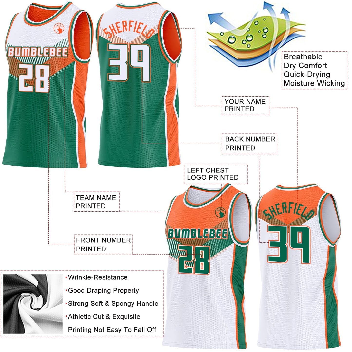 Custom White Kelly Green-Orange Side Panel Stripe Geometric V-Cut Color Block Reversible Double Side Sublimation Basketball Set Jersey