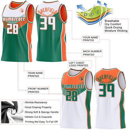 Custom White Kelly Green-Orange Side Panel Stripe Geometric V-Cut Color Block Reversible Double Side Sublimation Basketball Set Jersey