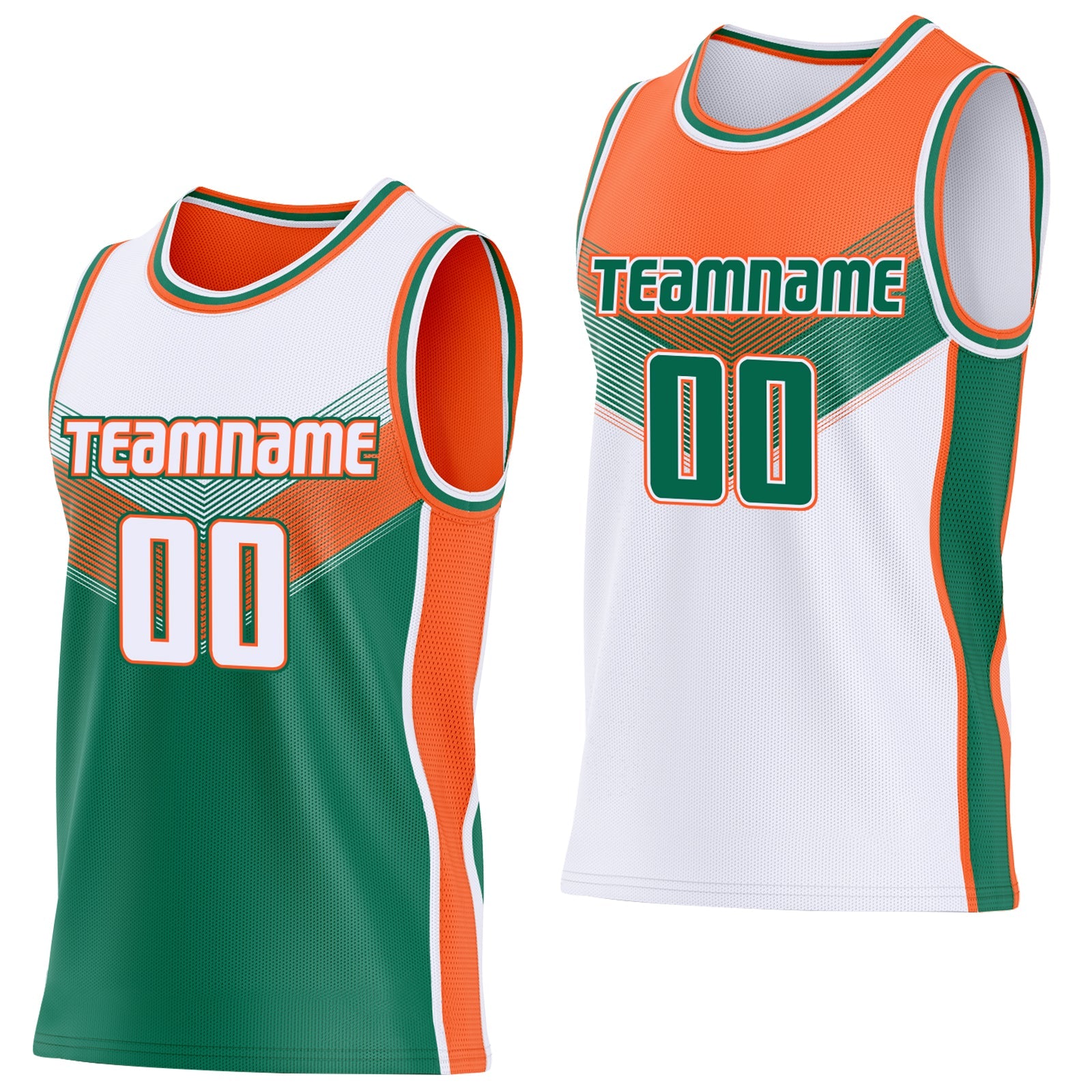 Custom White Kelly Green-Orange Side Panel Stripe Geometric V-Cut Color Block Reversible Double Side Sublimation Basketball Set Jersey