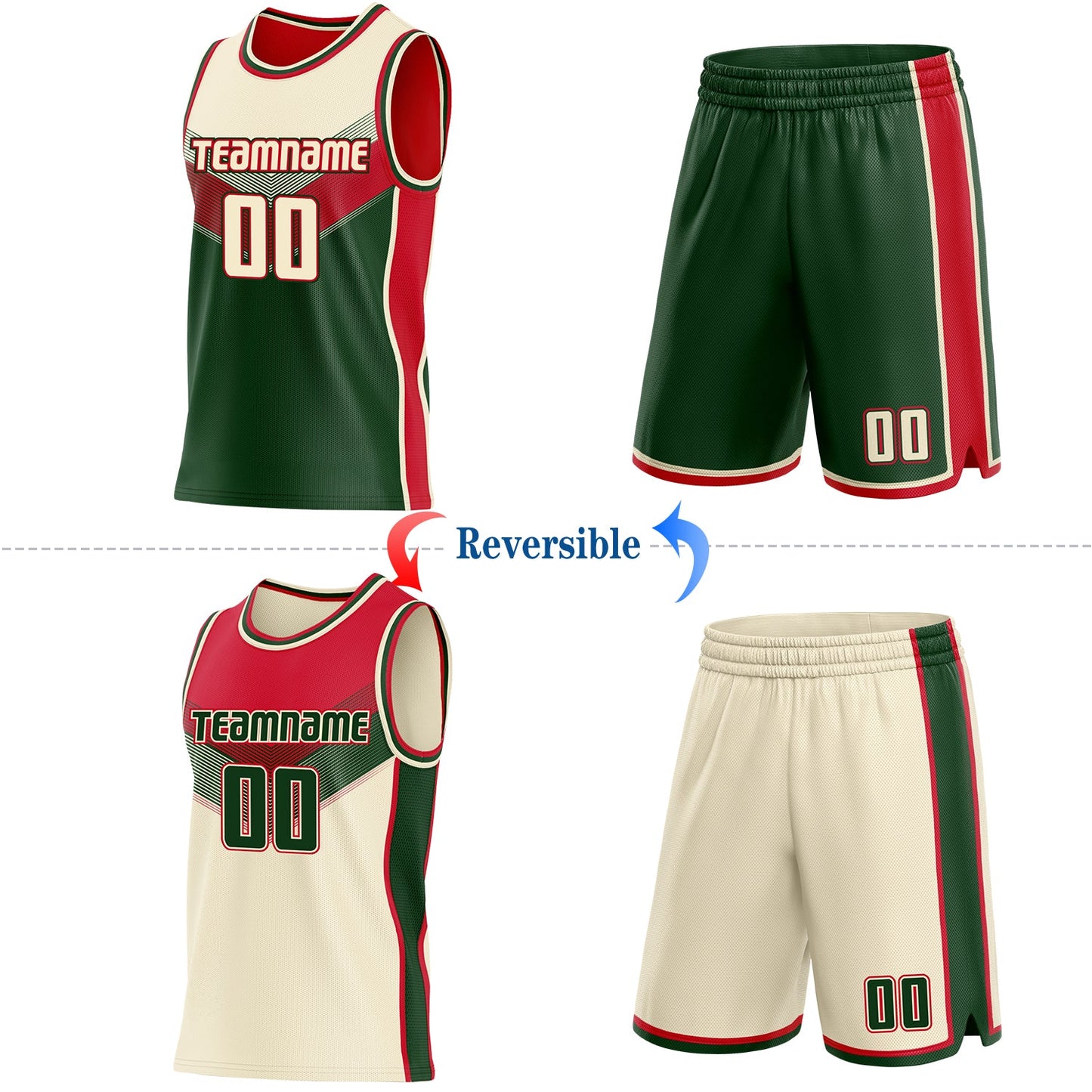 Custom Cream Green-Red Side Panel Stripe Geometric V-Cut Color Block Reversible Double Side Sublimation Basketball Set Jersey