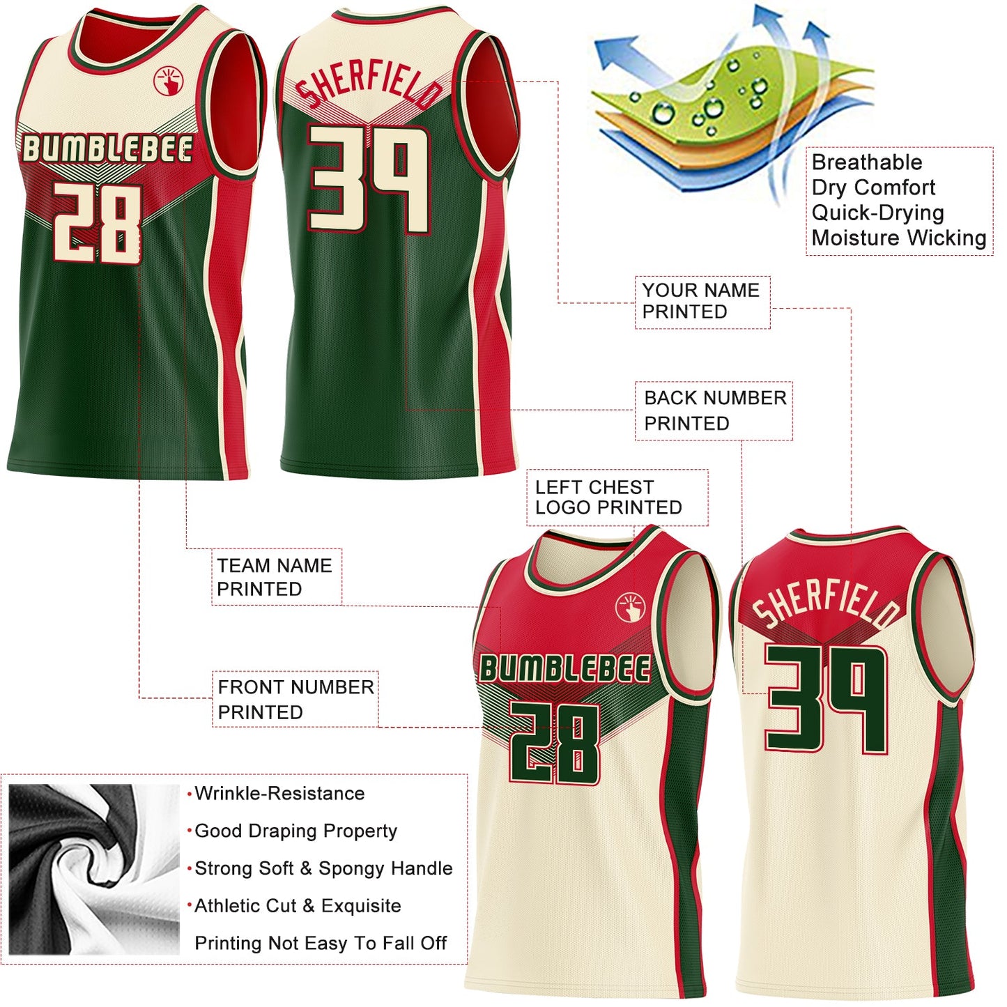 Custom Cream Green-Red Side Panel Stripe Geometric V-Cut Color Block Reversible Double Side Sublimation Basketball Set Jersey