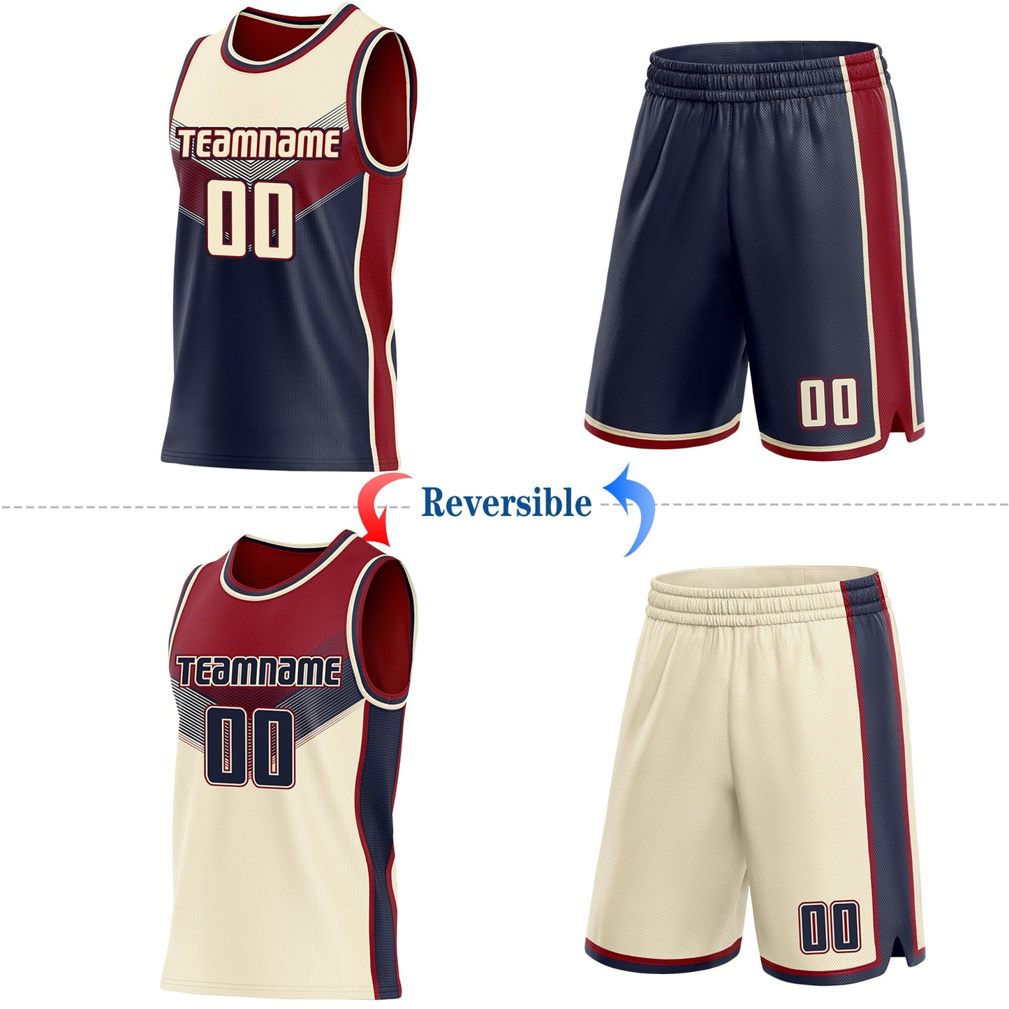 Custom Cream Navy-Maroon Side Panel Stripe Geometric V-Cut Color Block Reversible Double Side Sublimation Basketball Set Jersey