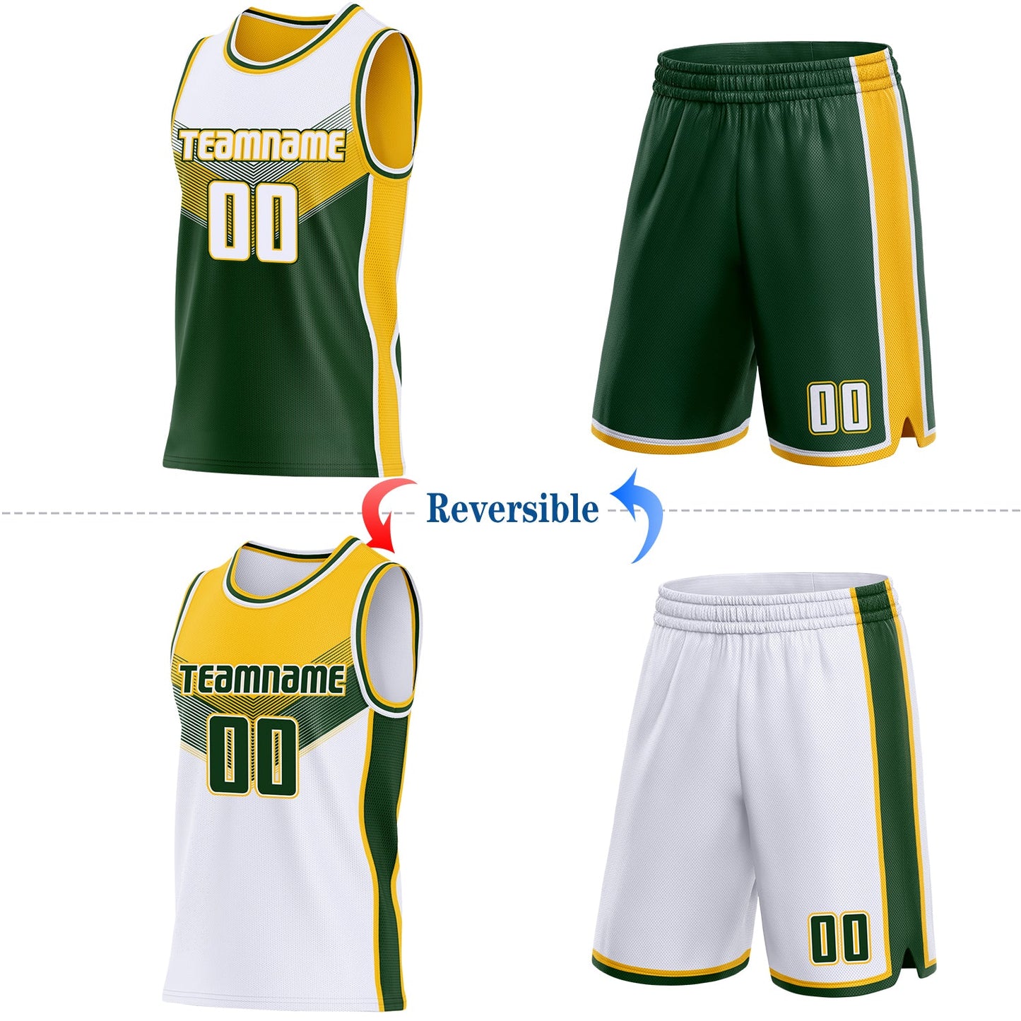 Custom White Green-Gold Side Panel Stripe Geometric V-Cut Color Block Reversible Double Side Sublimation Basketball Set Jersey
