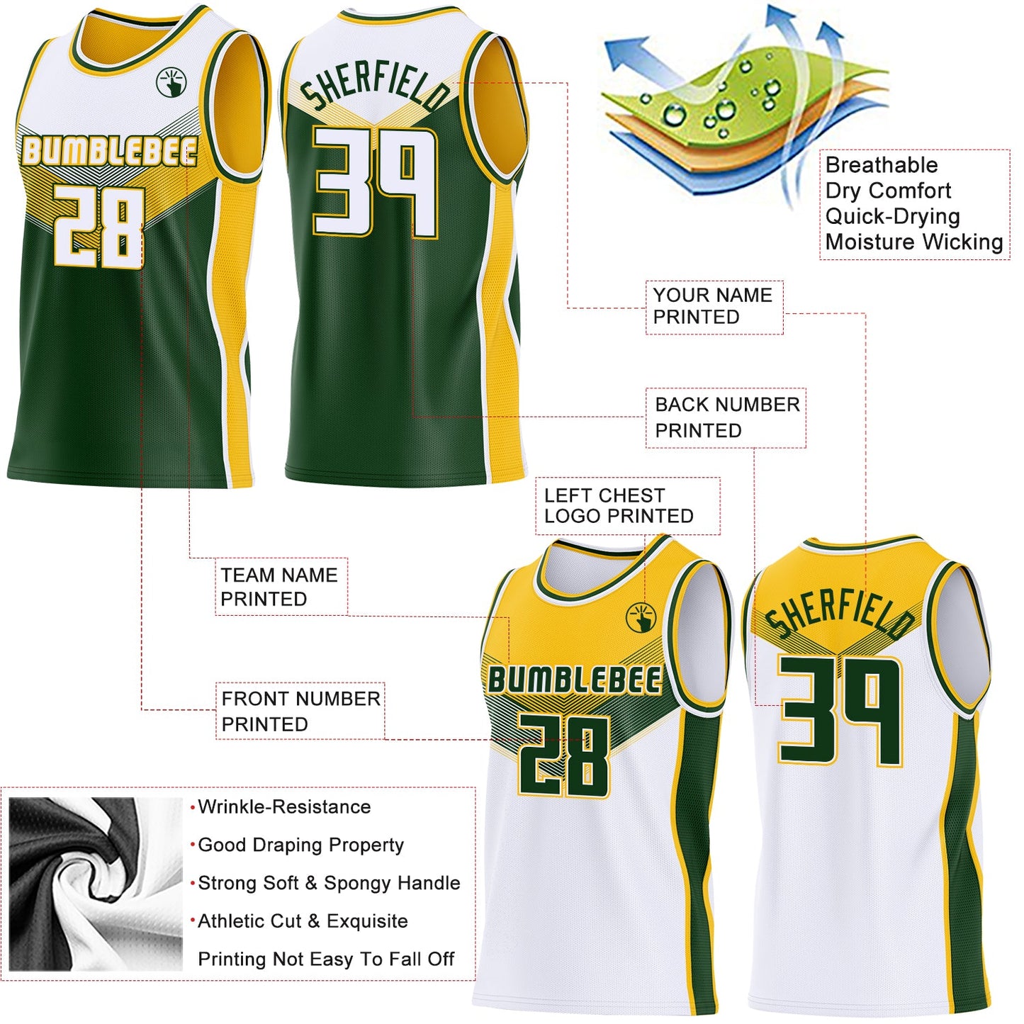 Custom White Green-Gold Side Panel Stripe Geometric V-Cut Color Block Reversible Double Side Sublimation Basketball Set Jersey