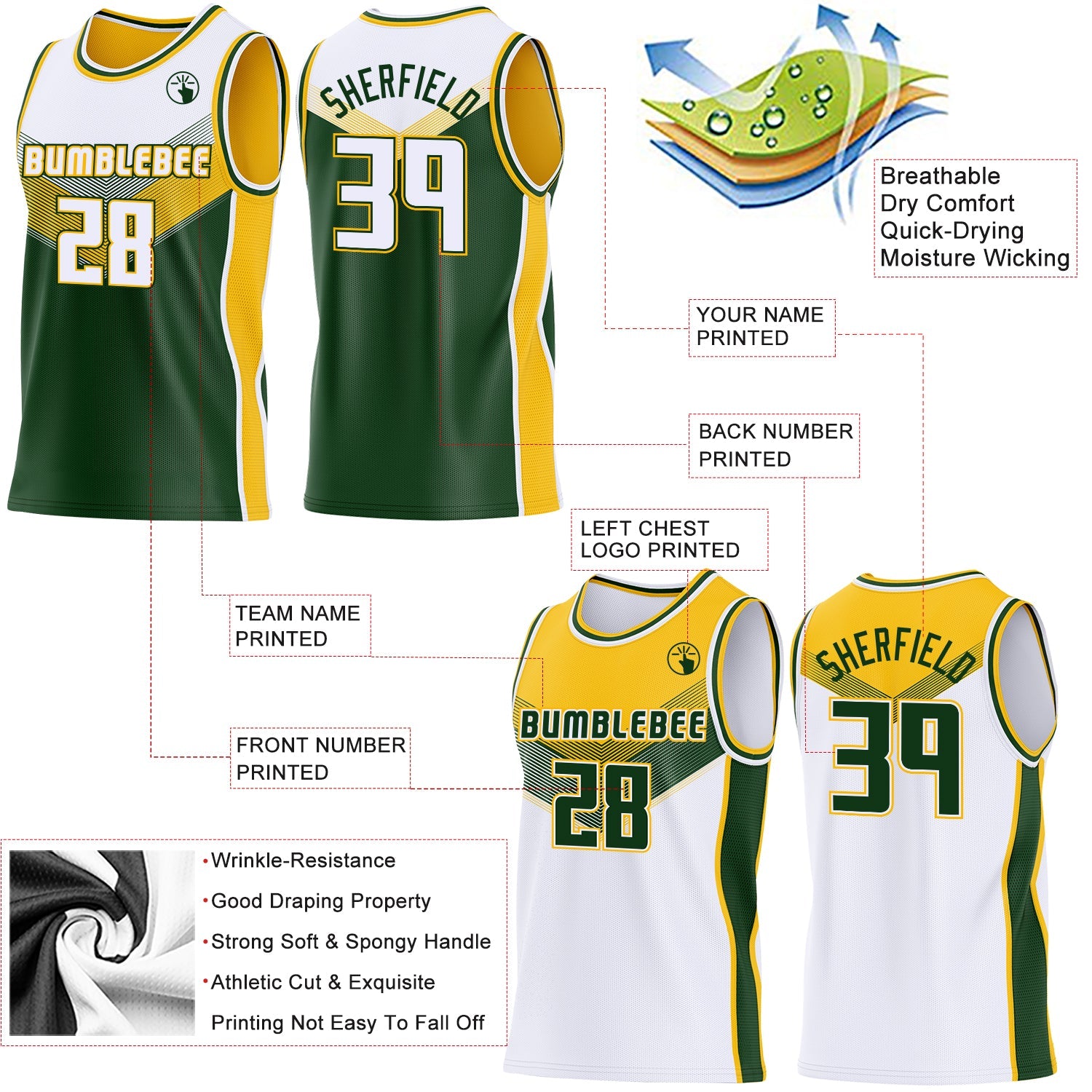 Custom White Green-Gold Side Panel Stripe Geometric V-Cut Color Block Reversible Double Side Sublimation Basketball Set Jersey
