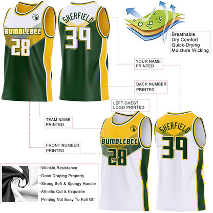 Custom White Green-Gold Side Panel Stripe Geometric V-Cut Color Block Reversible Double Side Sublimation Basketball Set Jersey