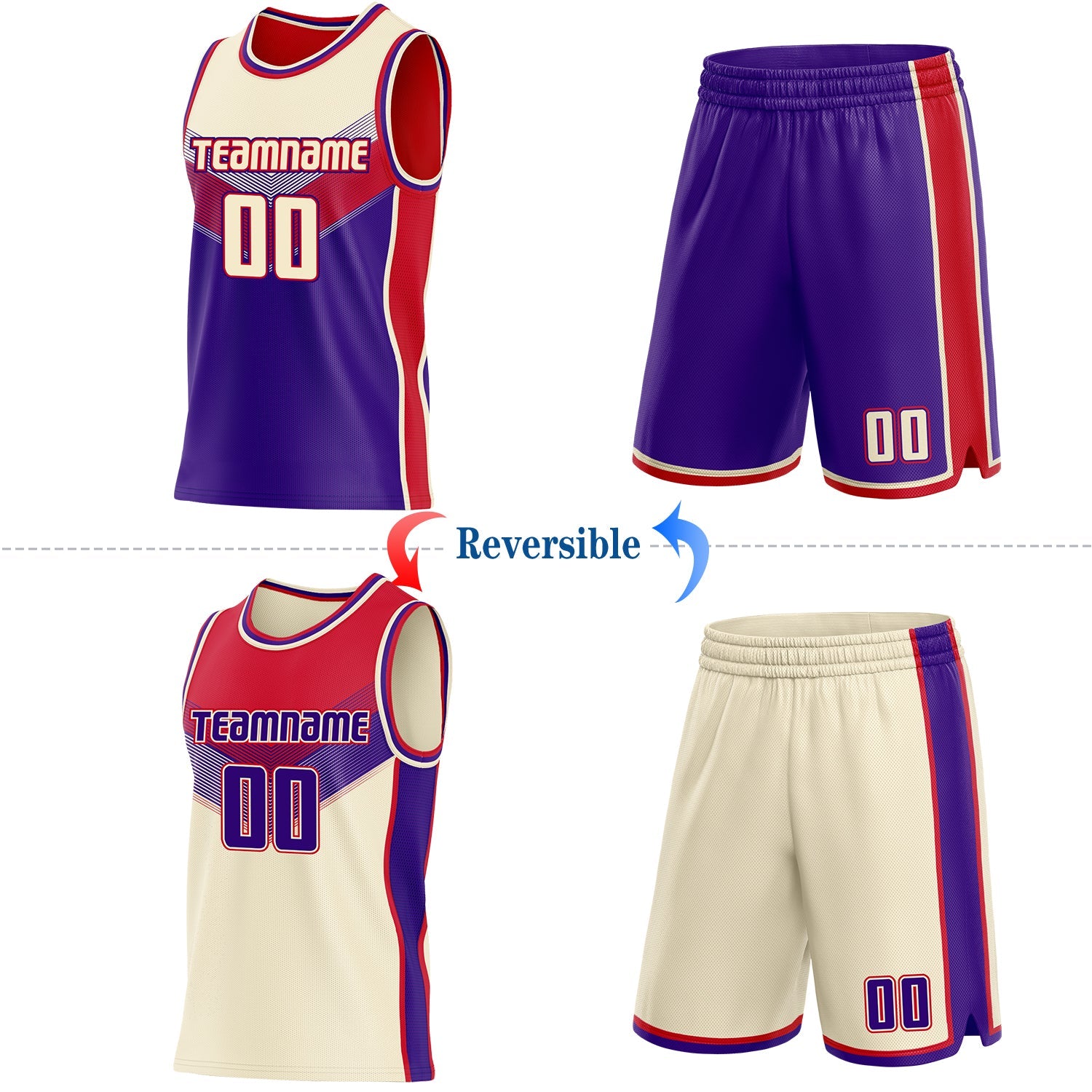 Custom Cream Purple-Red Side Panel Stripe Geometric V-Cut Color Block Reversible Double Side Sublimation Basketball Set Jersey