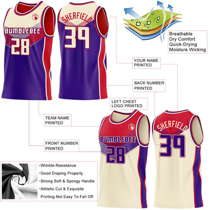 Custom Cream Purple-Red Side Panel Stripe Geometric V-Cut Color Block Reversible Double Side Sublimation Basketball Set Jersey