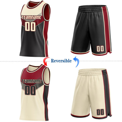Custom Cream Black-Maroon Side Panel Stripe Geometric V-Cut Color Block Reversible Double Side Sublimation Basketball Set Jersey