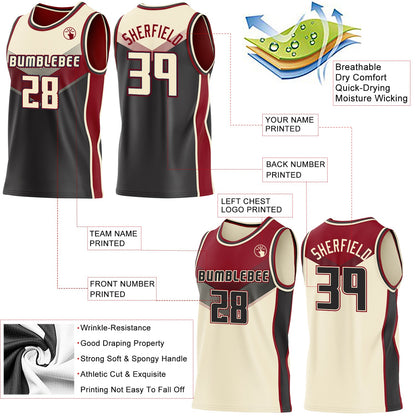 Custom Cream Black-Maroon Side Panel Stripe Geometric V-Cut Color Block Reversible Double Side Sublimation Basketball Set Jersey