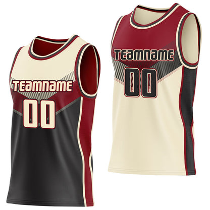 Custom Cream Black-Maroon Side Panel Stripe Geometric V-Cut Color Block Reversible Double Side Sublimation Basketball Set Jersey