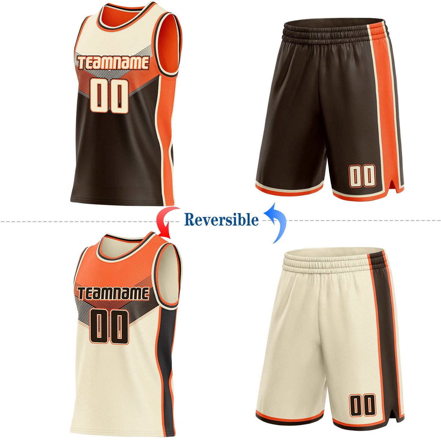 Custom Cream Brown-Orange Side Panel Stripe Geometric V-Cut Color Block Reversible Double Side Sublimation Basketball Set Jersey