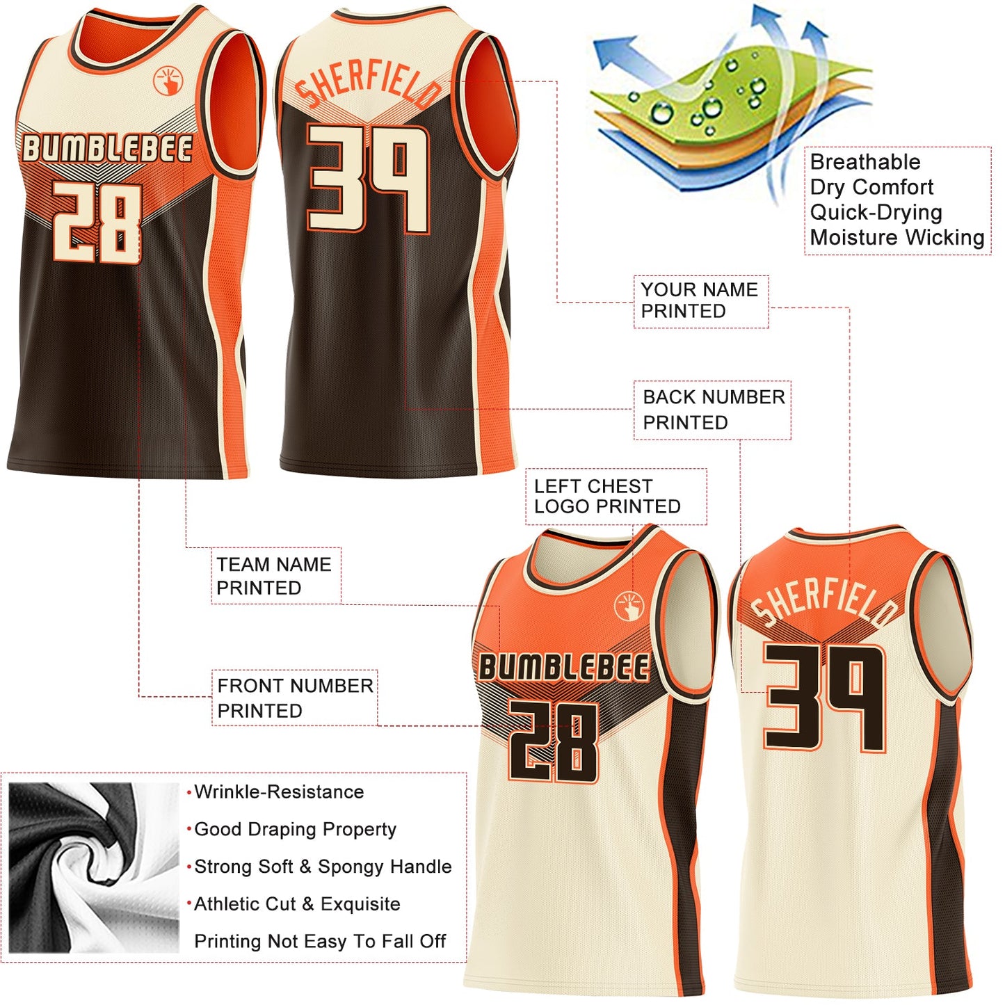 Custom Cream Brown-Orange Side Panel Stripe Geometric V-Cut Color Block Reversible Double Side Sublimation Basketball Set Jersey
