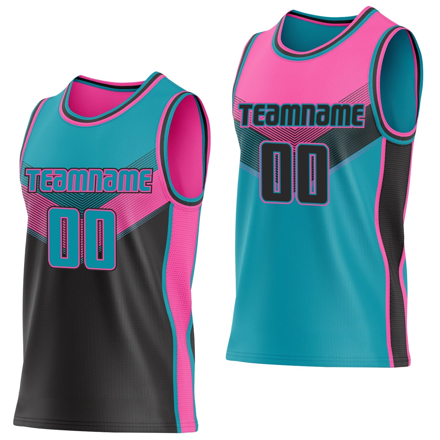 Custom Teal Black-Pink Side Panel Stripe Geometric V-Cut Color Block Reversible Double Side Sublimation Basketball Set Jersey