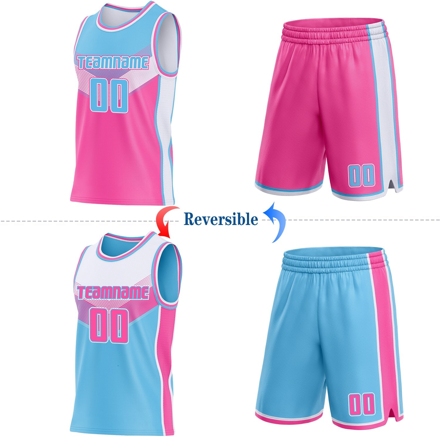 Custom Sky Blue Pink-White Side Panel Stripe Geometric V-Cut Color Block Reversible Double Side Sublimation Basketball Set Jersey