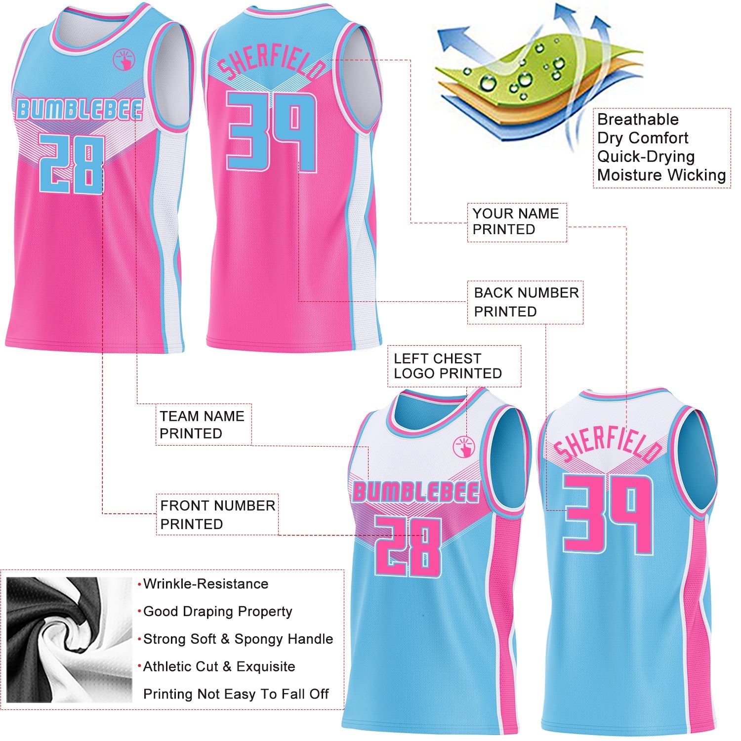 Custom Sky Blue Pink-White Side Panel Stripe Geometric V-Cut Color Block Reversible Double Side Sublimation Basketball Set Jersey