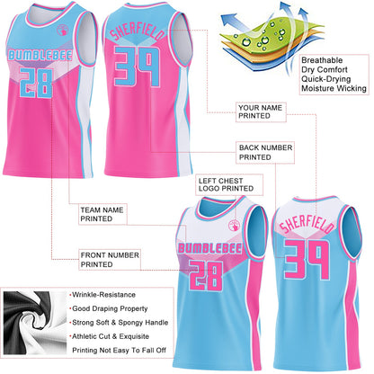 Custom Sky Blue Pink-White Side Panel Stripe Geometric V-Cut Color Block Reversible Double Side Sublimation Basketball Set Jersey