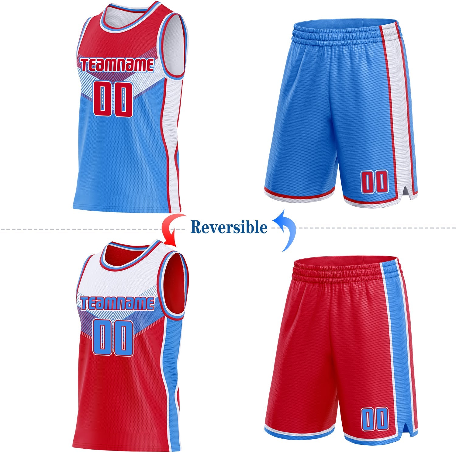 Custom Red Powder Blue-White Side Panel Stripe Geometric V-Cut Color Block Reversible Double Side Sublimation Basketball Set Jersey