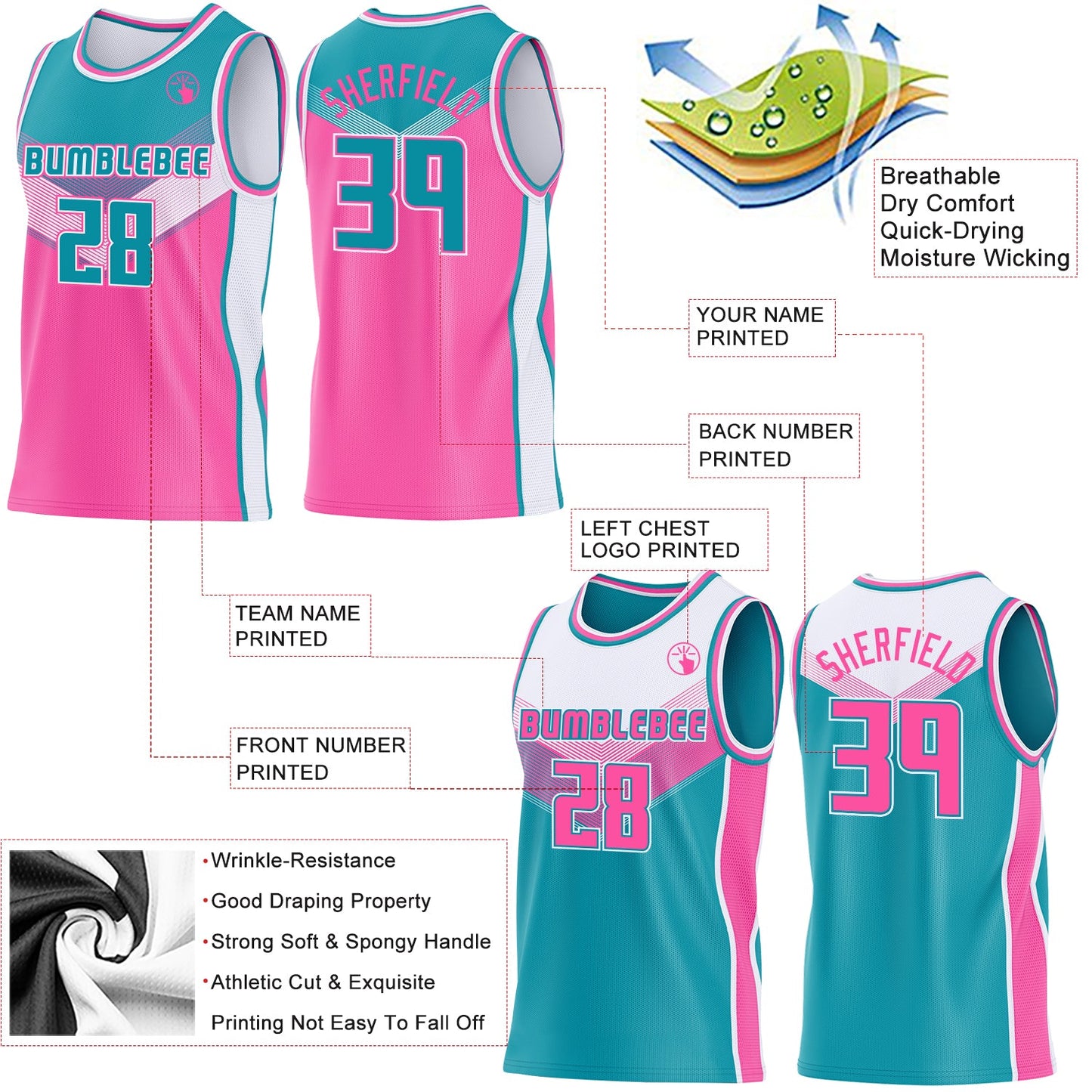 Custom Teal Pink-White Side Panel Stripe Geometric V-Cut Color Block Reversible Double Side Sublimation Basketball Set Jersey