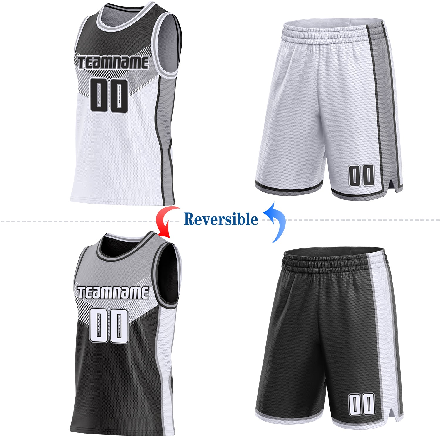 Custom Black White-Gray Side Panel Stripe Geometric V-Cut Color Block Reversible Double Side Sublimation Basketball Set Jersey