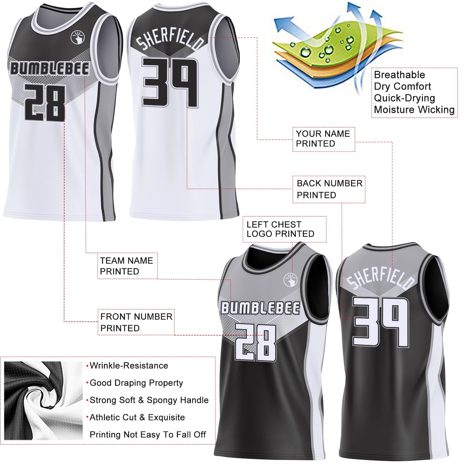 Custom Black White-Gray Side Panel Stripe Geometric V-Cut Color Block Reversible Double Side Sublimation Basketball Set Jersey