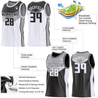 Custom Black White-Gray Side Panel Stripe Geometric V-Cut Color Block Reversible Double Side Sublimation Basketball Set Jersey