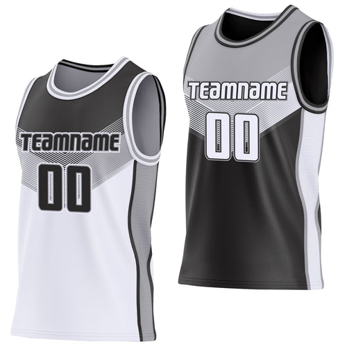 Custom Black White-Gray Side Panel Stripe Geometric V-Cut Color Block Reversible Double Side Sublimation Basketball Set Jersey