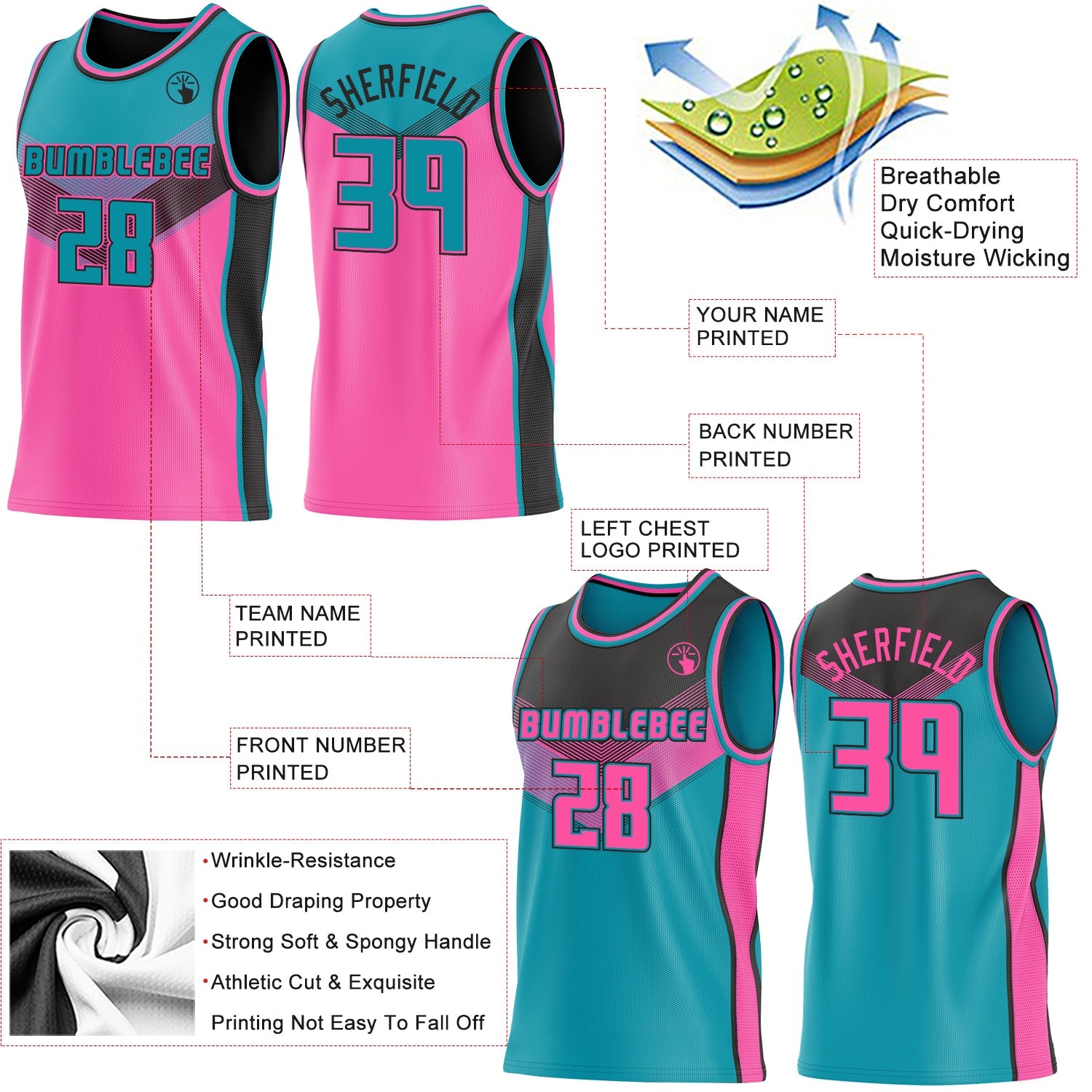 Custom Teal Pink-Black Side Panel Stripe Geometric V-Cut Color Block Reversible Double Side Sublimation Basketball Set Jersey