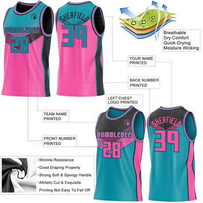 Custom Teal Pink-Black Side Panel Stripe Geometric V-Cut Color Block Reversible Double Side Sublimation Basketball Set Jersey