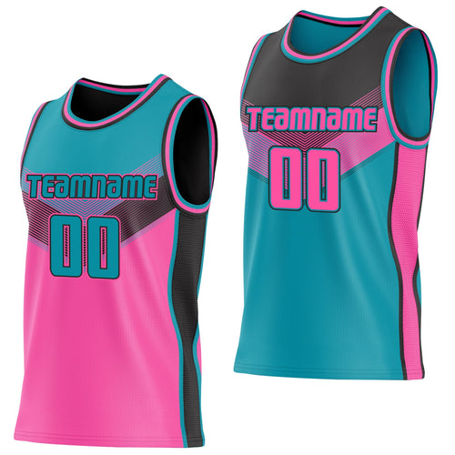 Custom Teal Pink-Black Side Panel Stripe Geometric V-Cut Color Block Reversible Double Side Sublimation Basketball Set Jersey