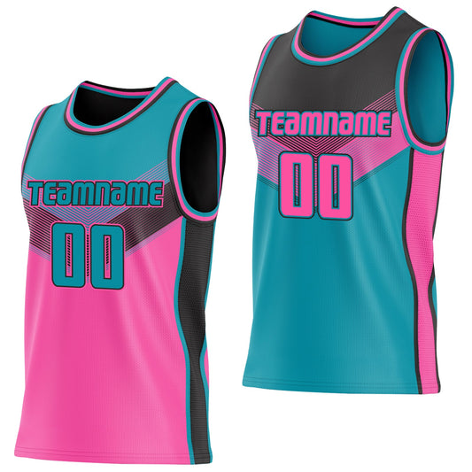 Custom Teal Pink-Black Side Panel Stripe Geometric V-Cut Color Block Reversible Double Side Sublimation Basketball Set Jersey
