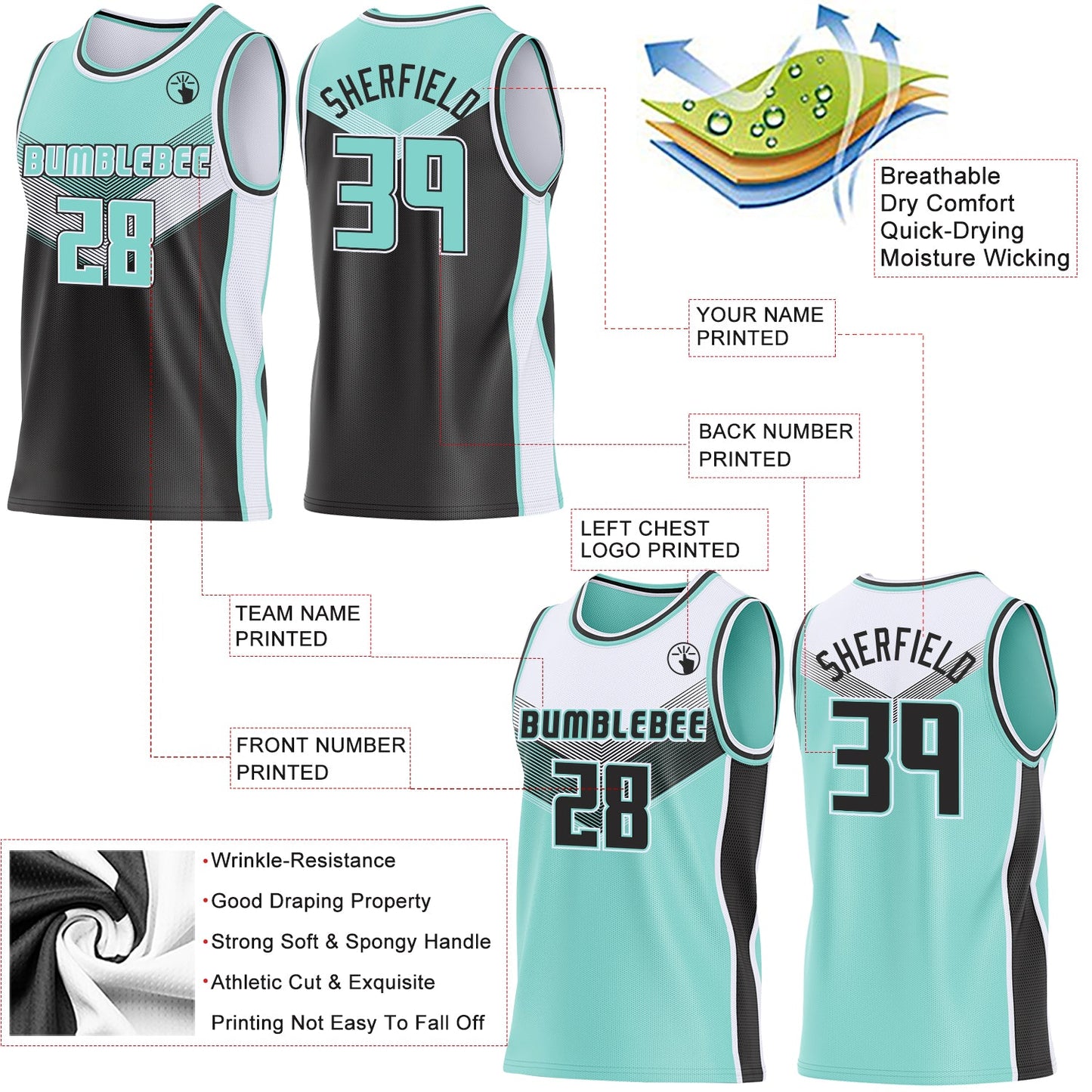Custom Ice Blue Black-White Side Panel Stripe Geometric V-Cut Color Block Reversible Double Side Sublimation Basketball Set Jersey