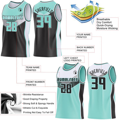 Custom Ice Blue Black-White Side Panel Stripe Geometric V-Cut Color Block Reversible Double Side Sublimation Basketball Set Jersey