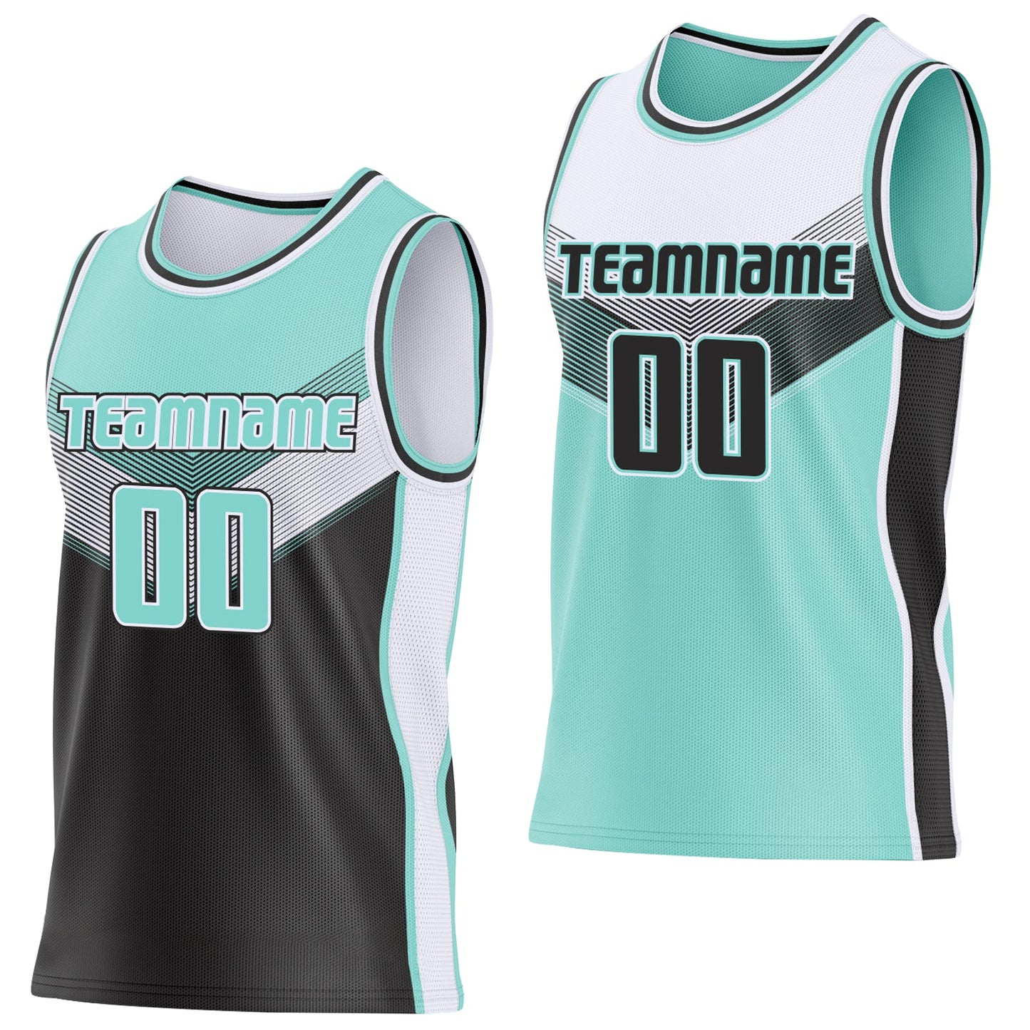 Custom Ice Blue Black-White Side Panel Stripe Geometric V-Cut Color Block Reversible Double Side Sublimation Basketball Set Jersey