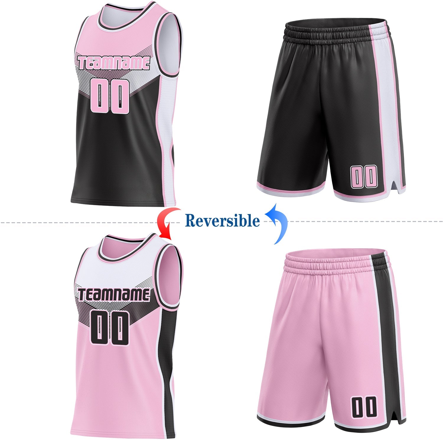 Custom Light Pink Black-White Side Panel Stripe Geometric V-Cut Color Block Reversible Double Side Sublimation Basketball Set Jersey
