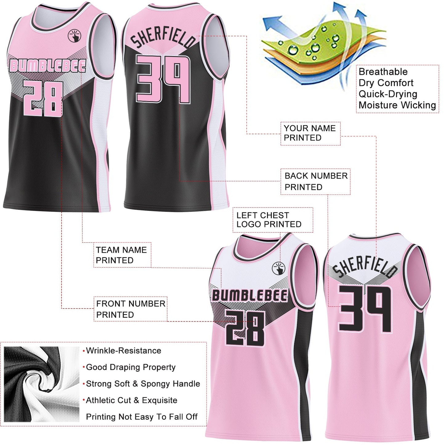 Custom Light Pink Black-White Side Panel Stripe Geometric V-Cut Color Block Reversible Double Side Sublimation Basketball Set Jersey