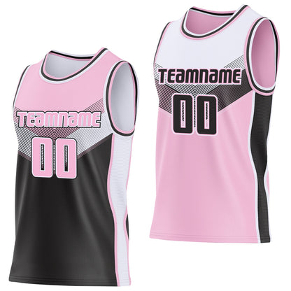 Custom Light Pink Black-White Side Panel Stripe Geometric V-Cut Color Block Reversible Double Side Sublimation Basketball Set Jersey