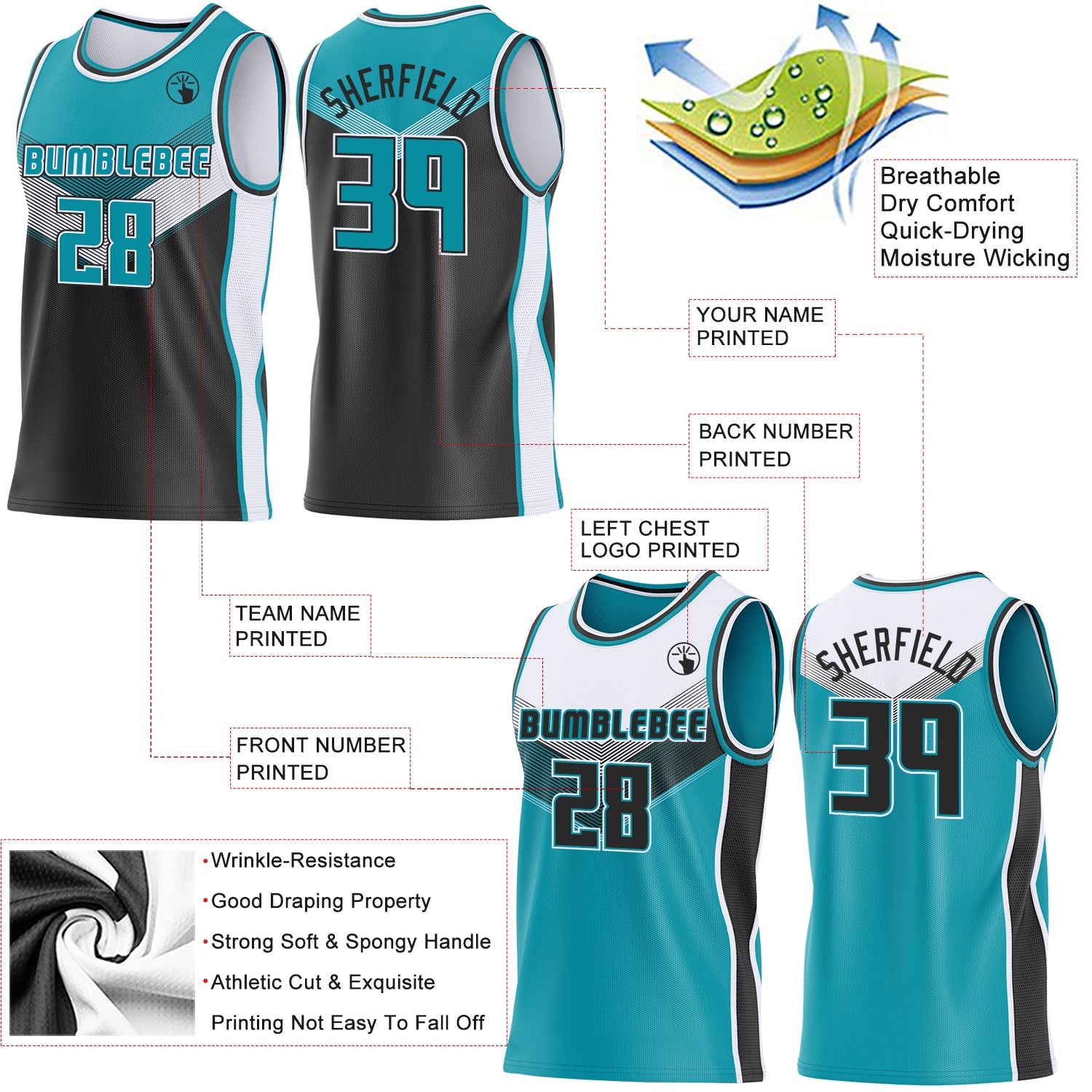 Custom Teal Black-White Side Panel Stripe Geometric V-Cut Color Block Reversible Double Side Sublimation Basketball Set Jersey