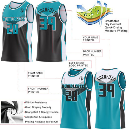 Custom Teal Black-White Side Panel Stripe Geometric V-Cut Color Block Reversible Double Side Sublimation Basketball Set Jersey