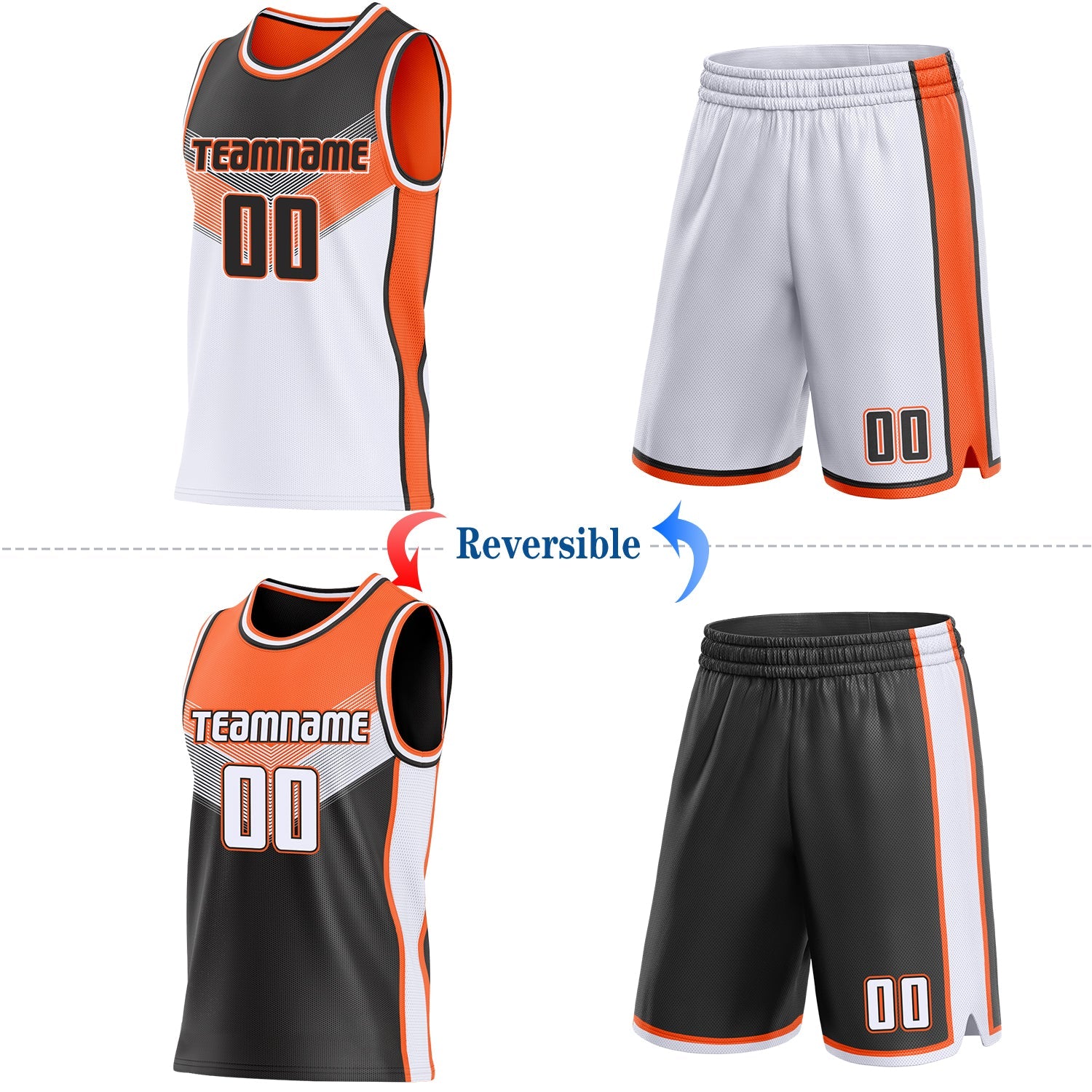 Custom Black White-Orange Side Panel Stripe Geometric V-Cut Color Block Reversible Double Side Sublimation Basketball Set Jersey