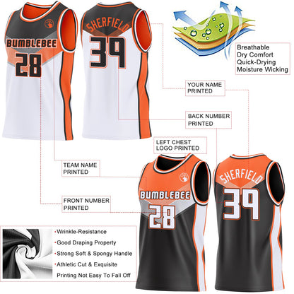 Custom Black White-Orange Side Panel Stripe Geometric V-Cut Color Block Reversible Double Side Sublimation Basketball Set Jersey