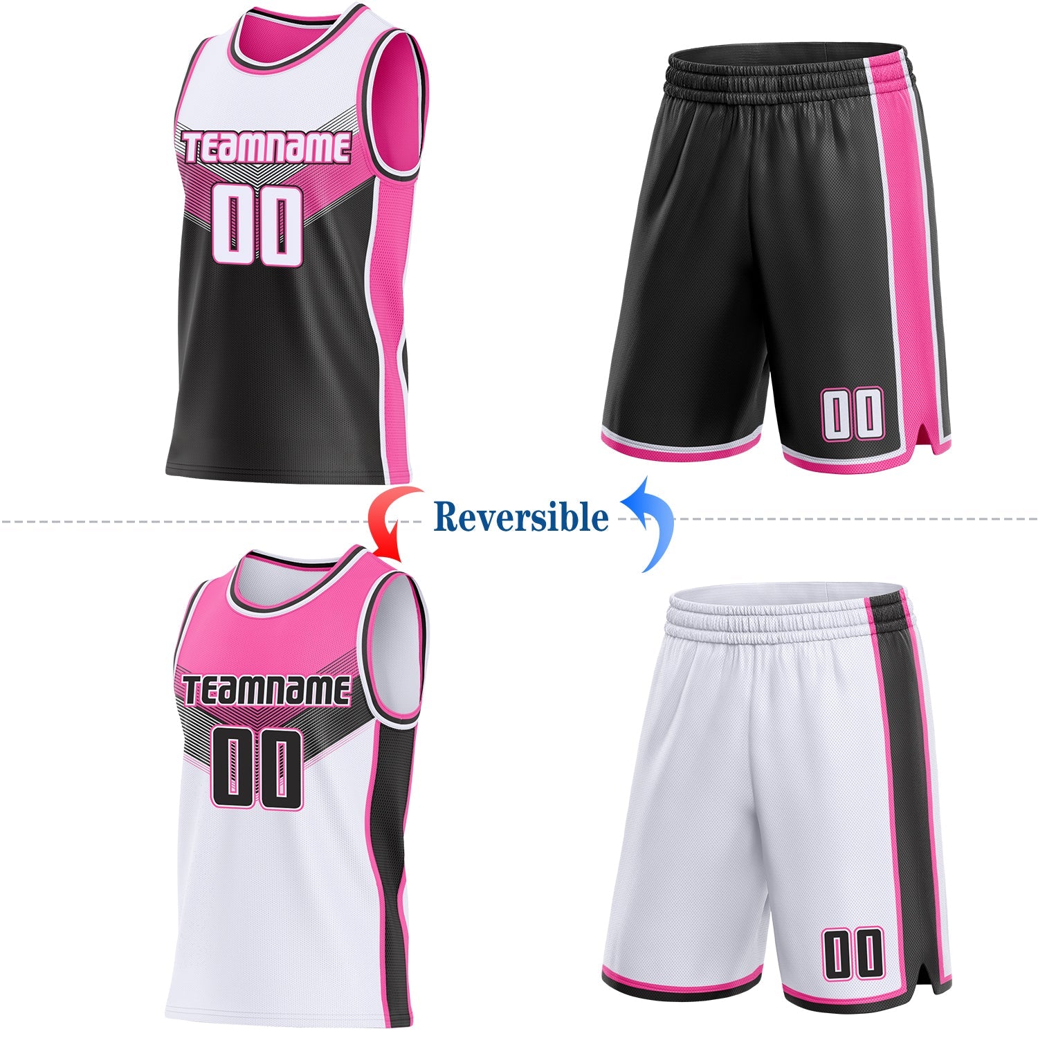 Custom White Black-Pink Side Panel Stripe Geometric V-Cut Color Block Reversible Double Side Sublimation Basketball Set Jersey