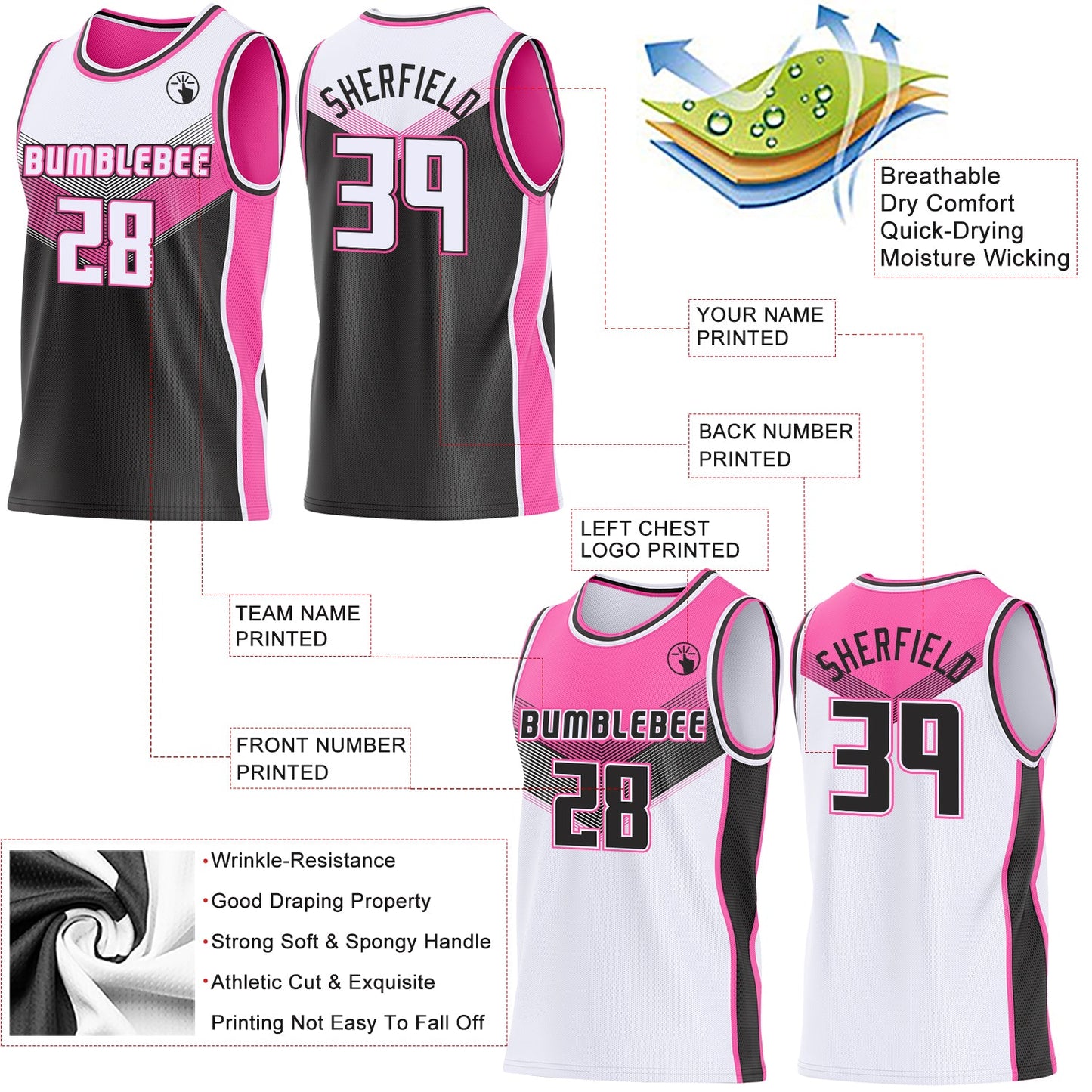 Custom White Black-Pink Side Panel Stripe Geometric V-Cut Color Block Reversible Double Side Sublimation Basketball Set Jersey