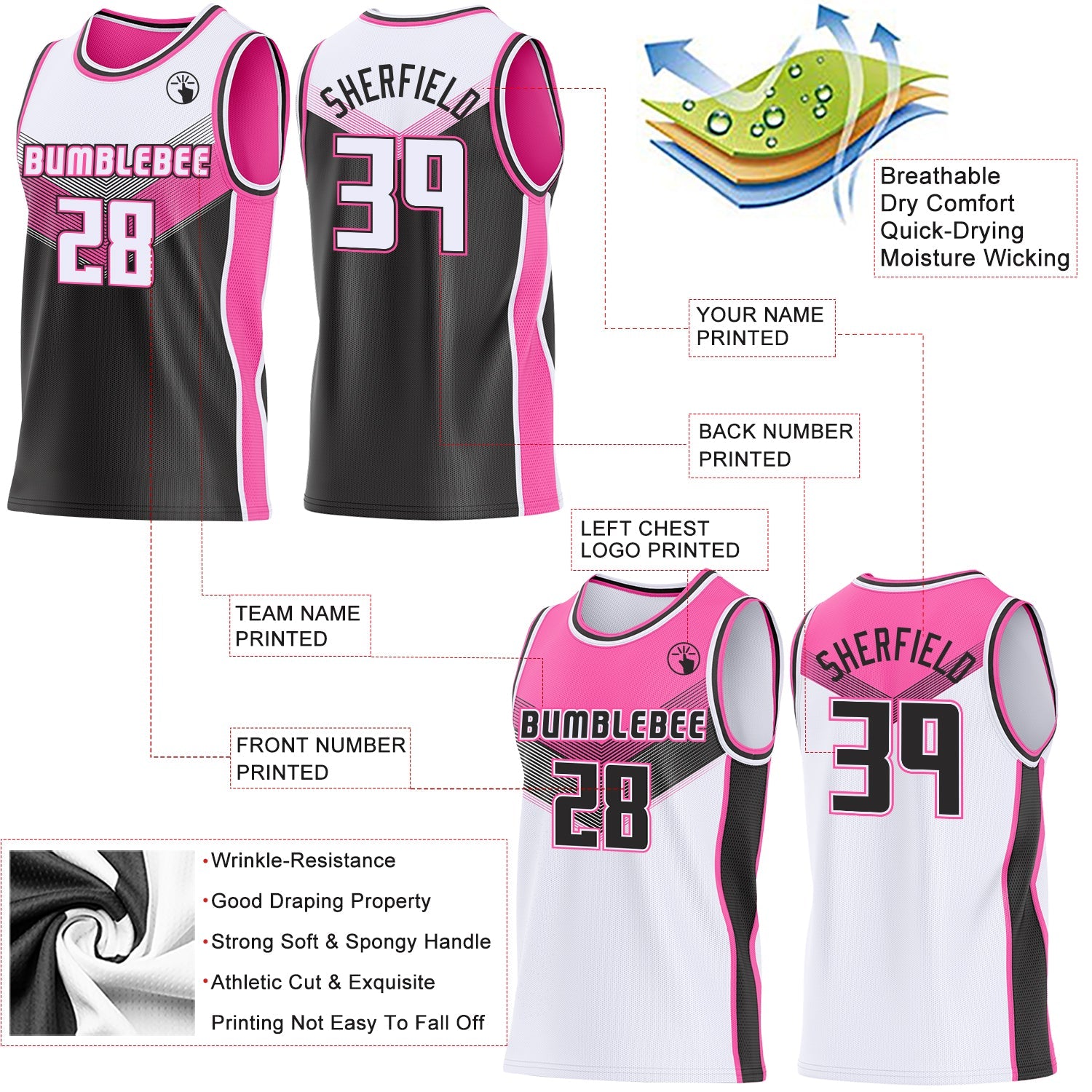 Custom White Black-Pink Side Panel Stripe Geometric V-Cut Color Block Reversible Double Side Sublimation Basketball Set Jersey