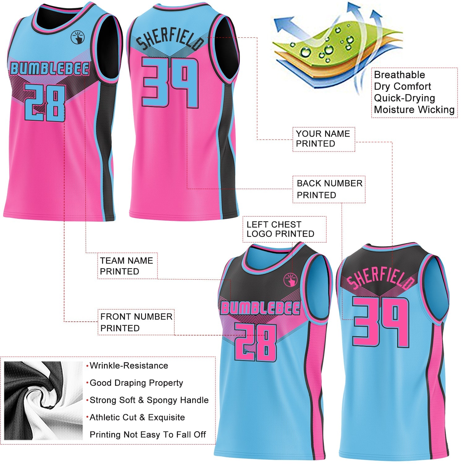 Custom Sky Blue Pink-Black Side Panel Stripe Geometric V-Cut Color Block Reversible Double Side Sublimation Basketball Set Jersey