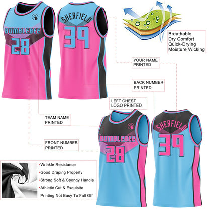 Custom Sky Blue Pink-Black Side Panel Stripe Geometric V-Cut Color Block Reversible Double Side Sublimation Basketball Set Jersey