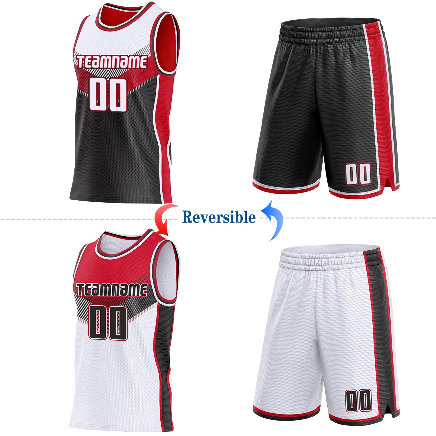 Custom White Black-Red Side Panel Stripe Geometric V-Cut Color Block Reversible Double Side Sublimation Basketball Set Jersey