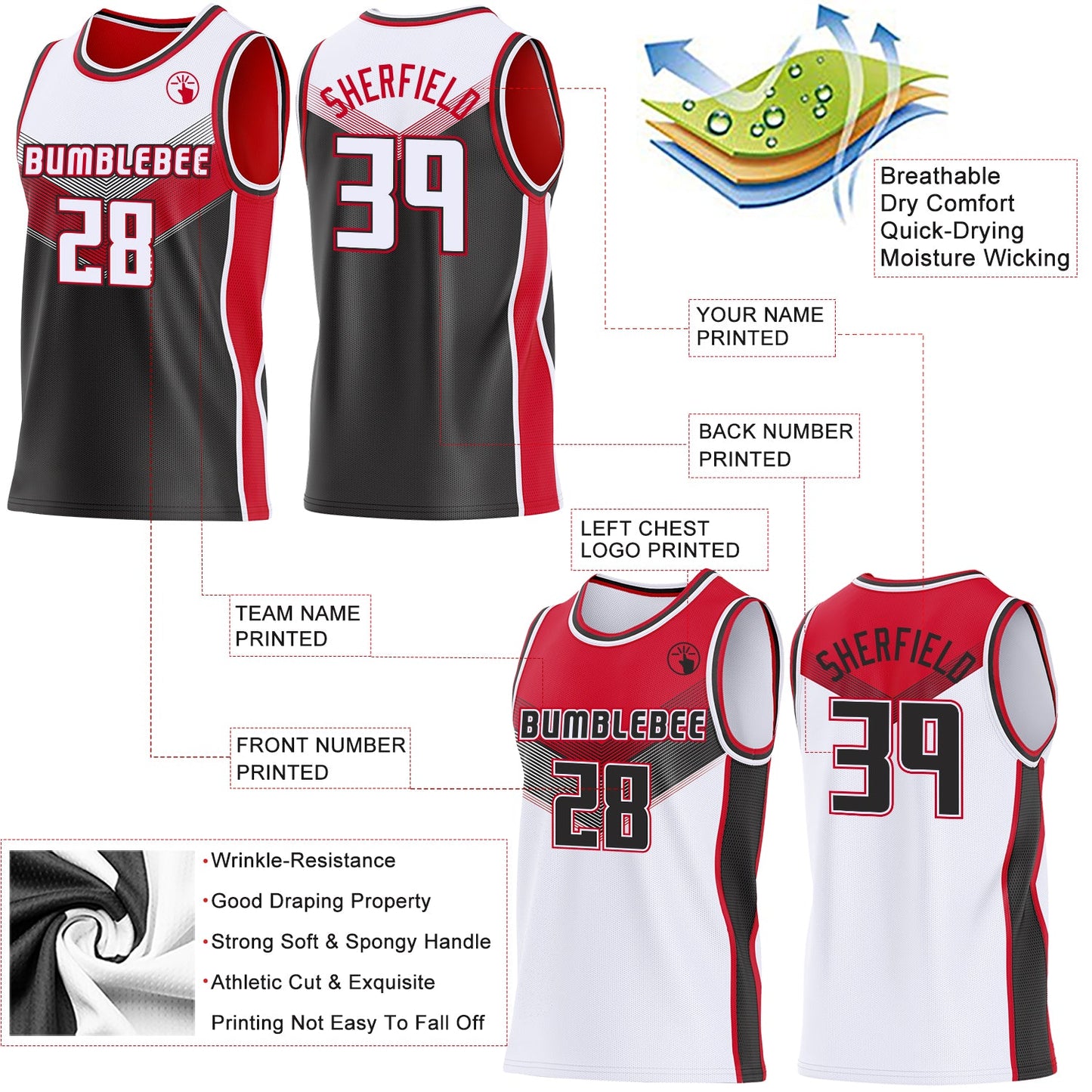 Custom White Black-Red Side Panel Stripe Geometric V-Cut Color Block Reversible Double Side Sublimation Basketball Set Jersey