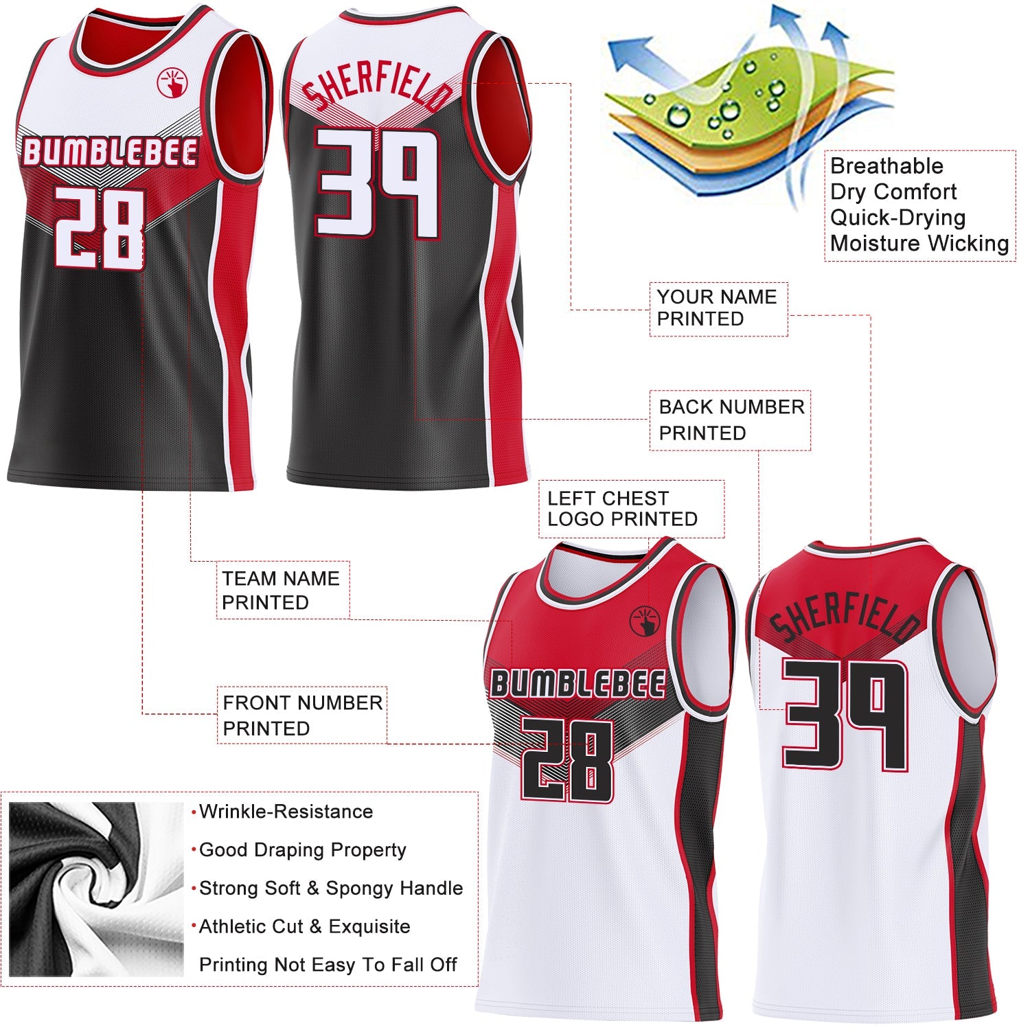 Custom White Black-Red Side Panel Stripe Geometric V-Cut Color Block Reversible Double Side Sublimation Basketball Set Jersey