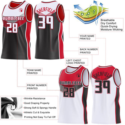 Custom White Black-Red Side Panel Stripe Geometric V-Cut Color Block Reversible Double Side Sublimation Basketball Set Jersey